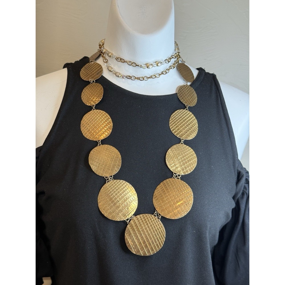 Vintage Brass Medallion Statement Disk Necklace Clear Bead Chain Layering Set 2